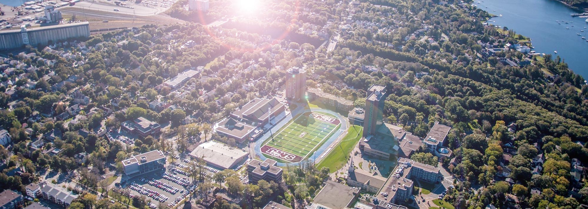 The Saint Mary's campus,  with the sun shining, taken from above.